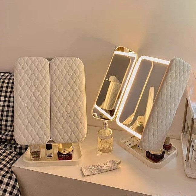 Lampe de bureau avec miroir de maquillage LED trois pliable