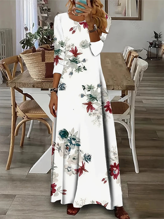 2024 Summer New Women's Long Sleeve Round Neck Printed Pattern Dresses A-Line Ruffle Dresses Autumn Best Choice