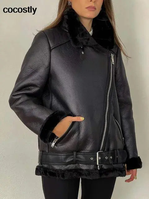 Manteau en Fausse Fourrure et Cuir Synthétique de Haute Qualité pour Femme