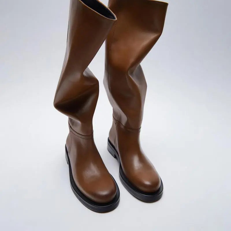 Bottes Hautes en Cuir de Vache Vintage Marron pour Femmes