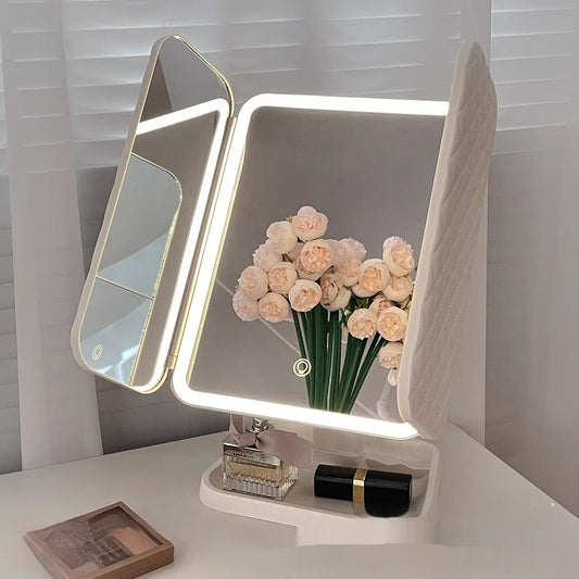 Lampe de bureau avec miroir de maquillage LED trois pliable