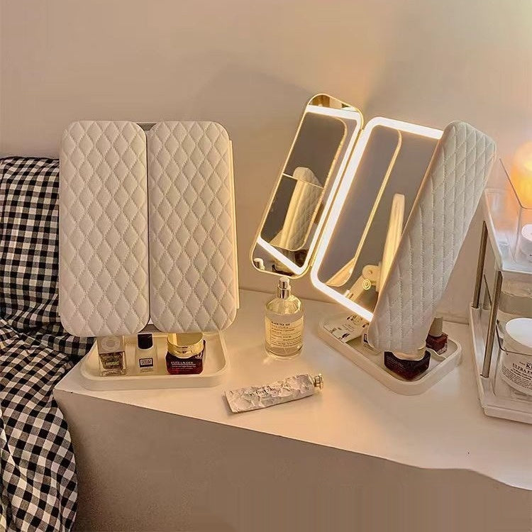 Lampe de bureau avec miroir de maquillage LED trois pliable